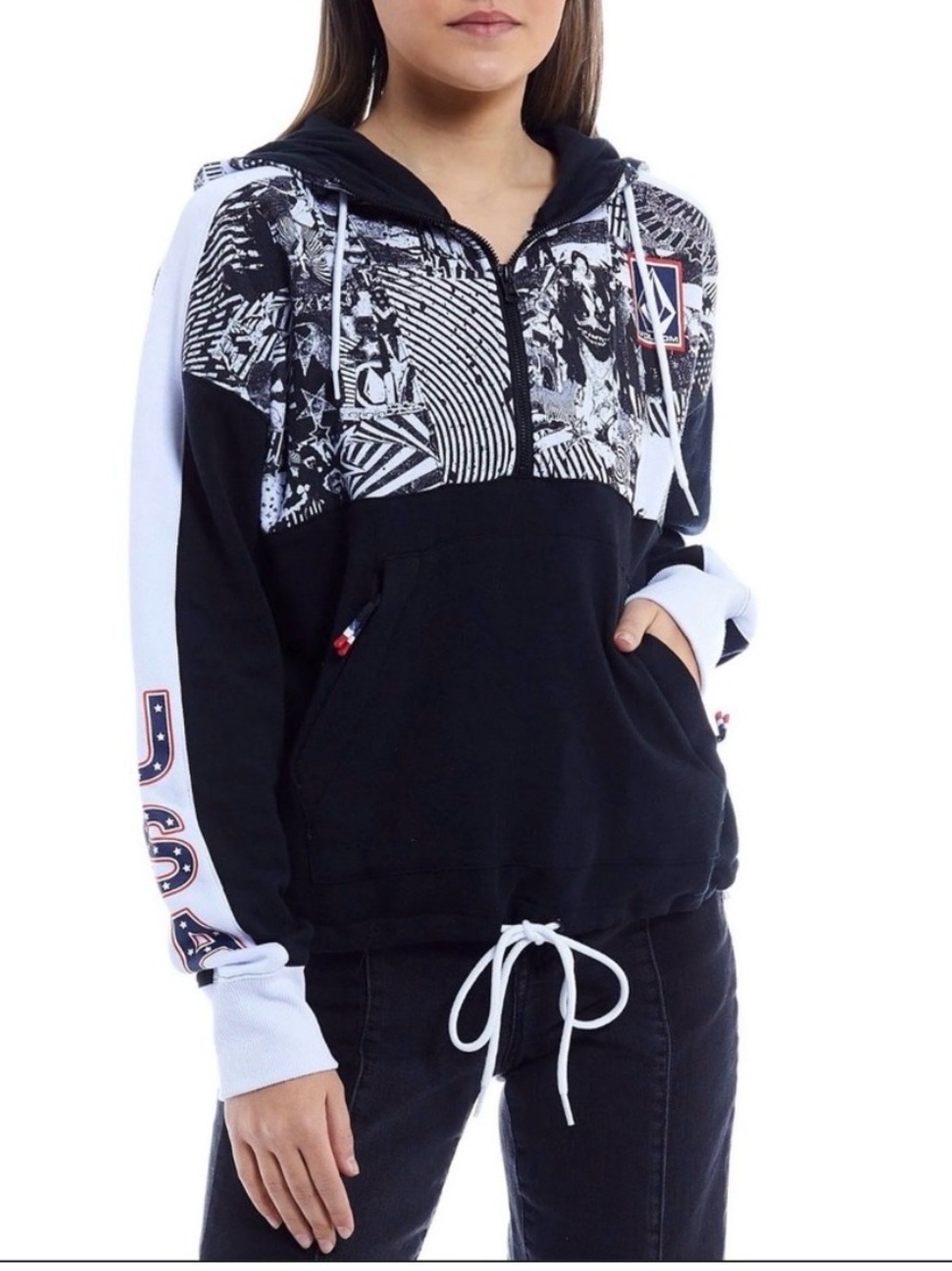 Volcom US Snowboard 2022 Olympic Edition Graphic Black & White Half-Zip Hoodie